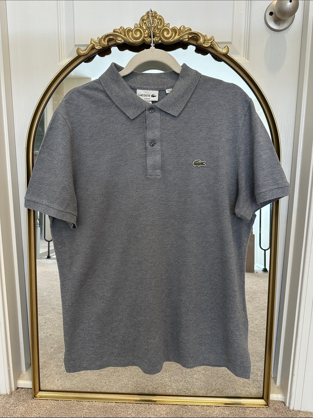 Lacoste Men's Heather Gray Polo with Green Crocodile Logo